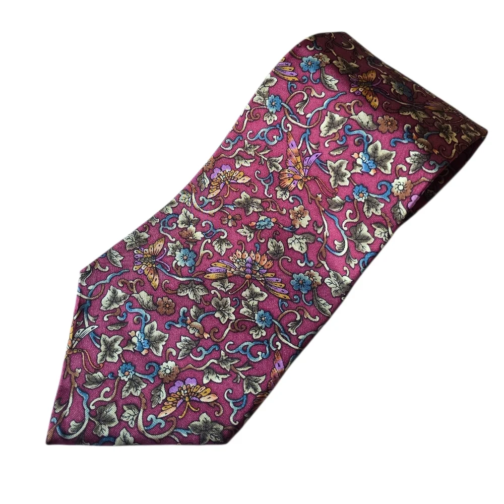 Christian Dior Floral Butterfly Burgundy Silk Necktie Vintage